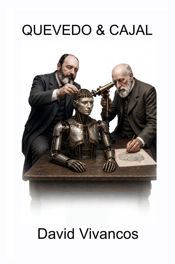 Front cover of Quevedo & Cajal: two men in 19th-century dress examine a brass automaton on a walnut table.